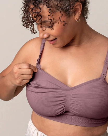 postpartum mom in nursing bra
